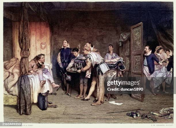 morgens aus dem bett kommen, christopher sly, der widerspenstigen zähmung, william shakespeare, vintage-illustration - dompteur stock-grafiken, -clipart, -cartoons und -symbole