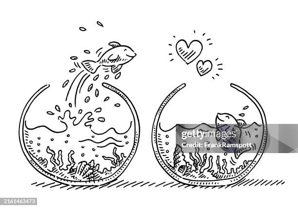 two fish falling in love concept drawing - fish jumping stock illustrations