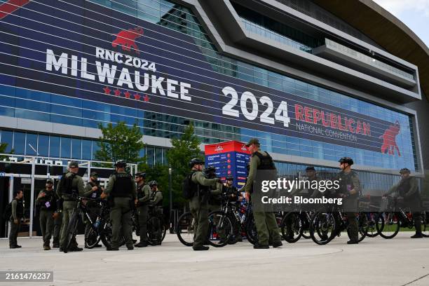 Sheriff officers outside the Fiserv Forum ahead of the Republican National Convention in Milwaukee, Wisconsin, US, on Sunday, July 14, 2024. Former...