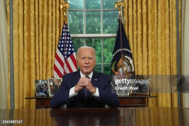 President Joe Biden delivers a nationally televised address from the Oval Office of the White House on July 14, 2024 in Washington, DC. The president...
