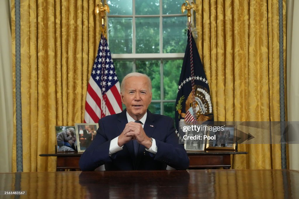 President Biden Addresses The Nation From The White House Oval Office