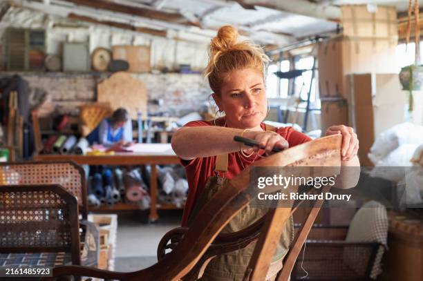 an upholsterer working on a chair - renovation of upholstered furniture stock pictures, royalty-free photos & images