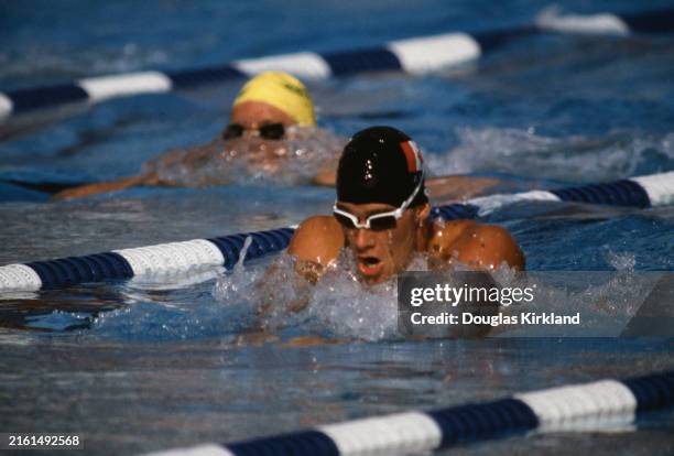 Canadian swimmer Victor Davis during 200 metre breaststroke event at Summer Olympic Games. Los Angeles, August 1984.