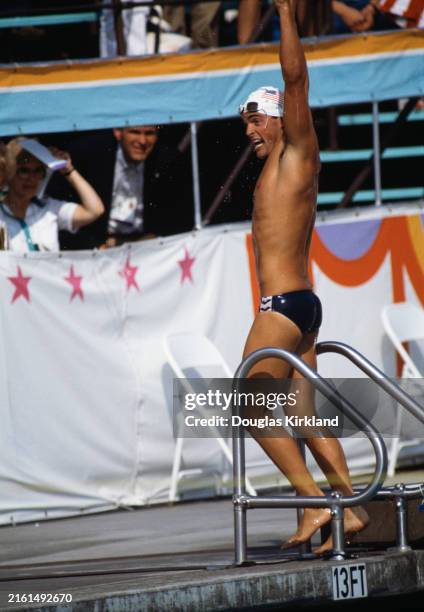 American swimmer George Di Carlo during 400 metre freestyle event at Summer Olympic Games. Los Angeles, August 1984.