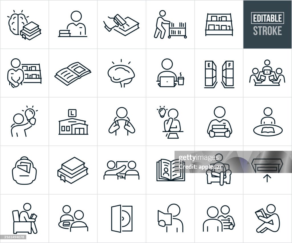 Library And Books Thin Line Icons - Editable Stroke