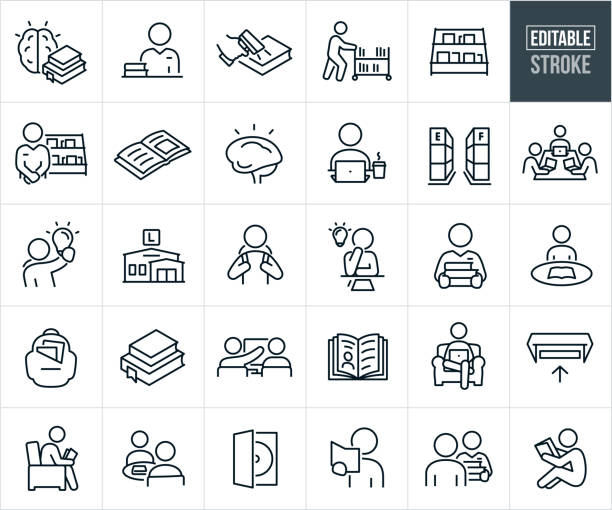 library and books thin line icons - editable stroke - book icon stock illustrations