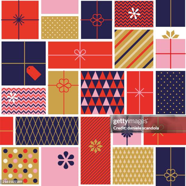 ilustraciones, imágenes clip art, dibujos animados e iconos de stock de patrón sin costuras de la caja de regalo de navidad. - papel de envolver