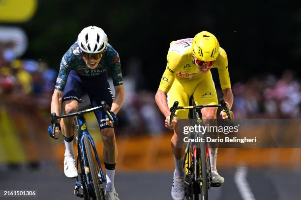 Jonas Vingegaard Hansen of Denmark and Team Visma | Lease a Bike and Tadej Pogacar of Slovenia and UAE Team Emirates - Yellow Leader Jersey sprint at...