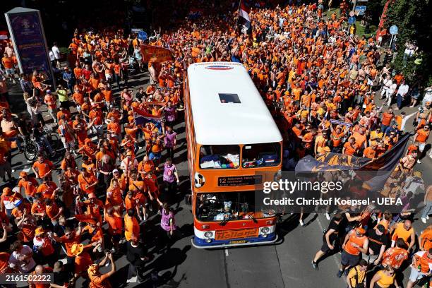 Fans of the Netherlands during the fan walk prior to the Semi-Final match between England and Netherlands on July 10, 2024 in Dortmund, Germany.