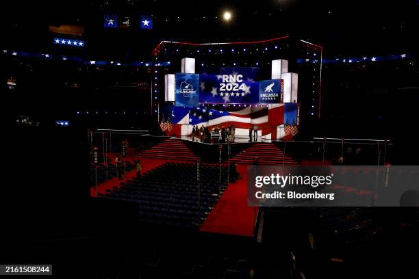 The stage is prepared inside the Fiserv Forum ahead of the Republican National Convention in Milwaukee, Wisconsin, US, on Sunday, July 14, 2024....