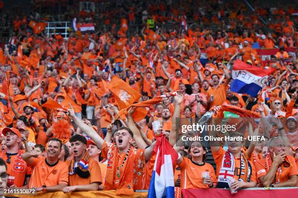General view of fans of the Netherlands as they react and enjoy the pre match atmosphere prior to the UEFA EURO 2024 semi-final match between...