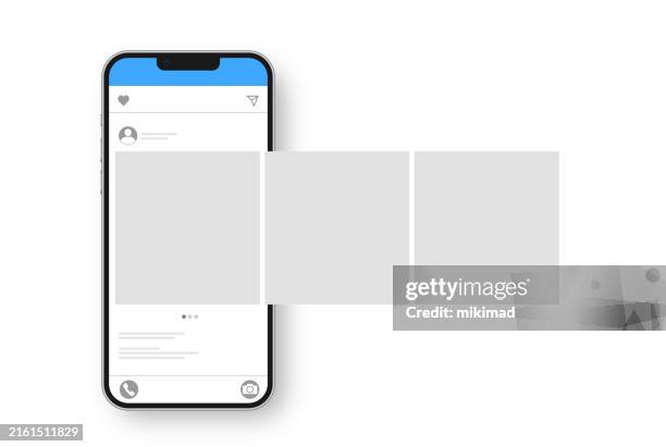stockillustraties, clipart, cartoons en iconen met realistic smartphone with carousel interface post on social network. social media design concept. transparent background. vector illustration, eps 10. - facebook