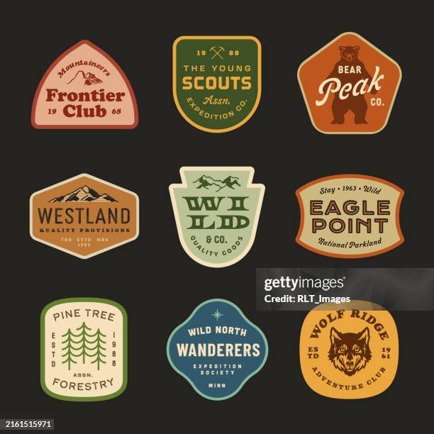 ilustraciones, imágenes clip art, dibujos animados e iconos de stock de mid-century retro adventure badge designs - medalla