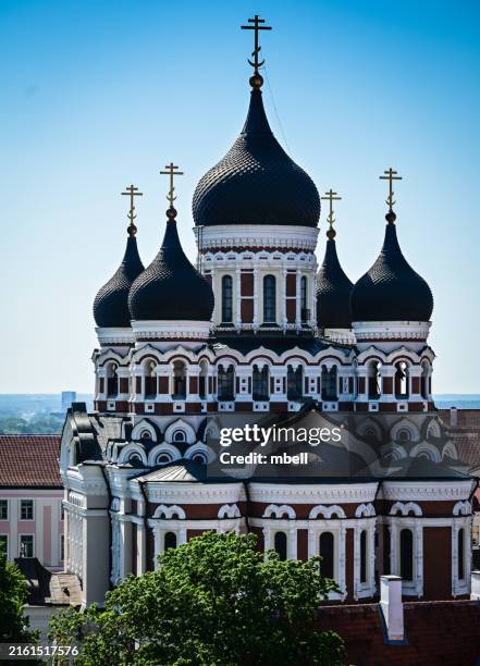 alexander nevsky cathedral viewed from st. nicholas' church bell tower - tallinn estonia - oosters orthodoxe kerk stockfoto's en -beelden