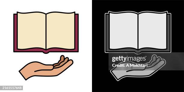 book icon with hand. - hand holding open book stock illustrations