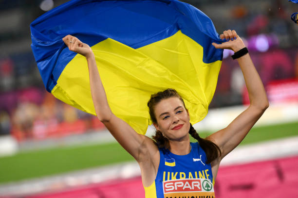 Yaroslava Mahuchikh of Ukraine celebrates after competing in the High Jump Women final during the European Athletics Championships. Yaroslava...