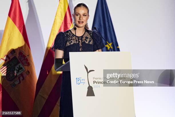 Princess Leonor speaks at the 15th Princess of Girona Foundation Awards Ceremony at the Costa Brava Conference Center on July 10 in Lloret de Mar,...