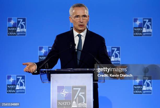 Secretary Jens Stoltenberg holds a press conference at the 2024 NATO Summit on July 10, 2024 in Washington, DC. NATO leaders convene in Washington...