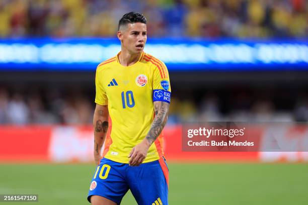 James Rodriguez of Colombia gestures during the CONMEBOL Copa America 2024 semifinal match between Uruguay and Colombia at Bank of America Stadium on...
