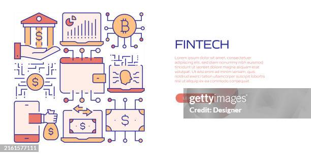fintech related line style banner design for web page, headline, brochure, annual report and book cover - peer to peer vector icon stock illustrations