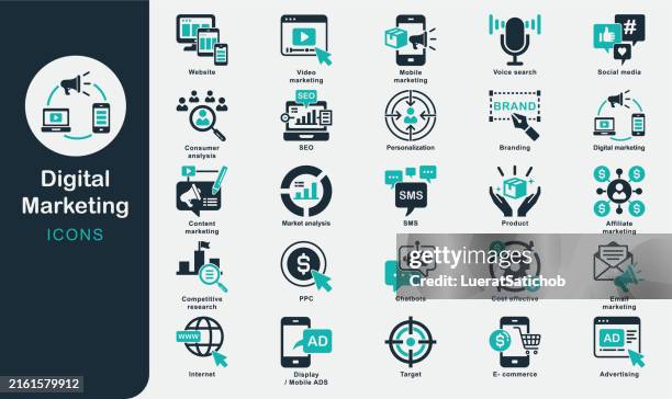 digital marketing solid icons collection.e-commerce, ppc, mobile
marketing, website, seo, content, affiliate marketing, email, video, social media, sms, branding, advertising, product, market analysis - advertisement stock illustrations