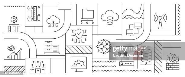 network technology related line style banner design for web page, headline, brochure, annual report and book cover - computer server room stock illustrations