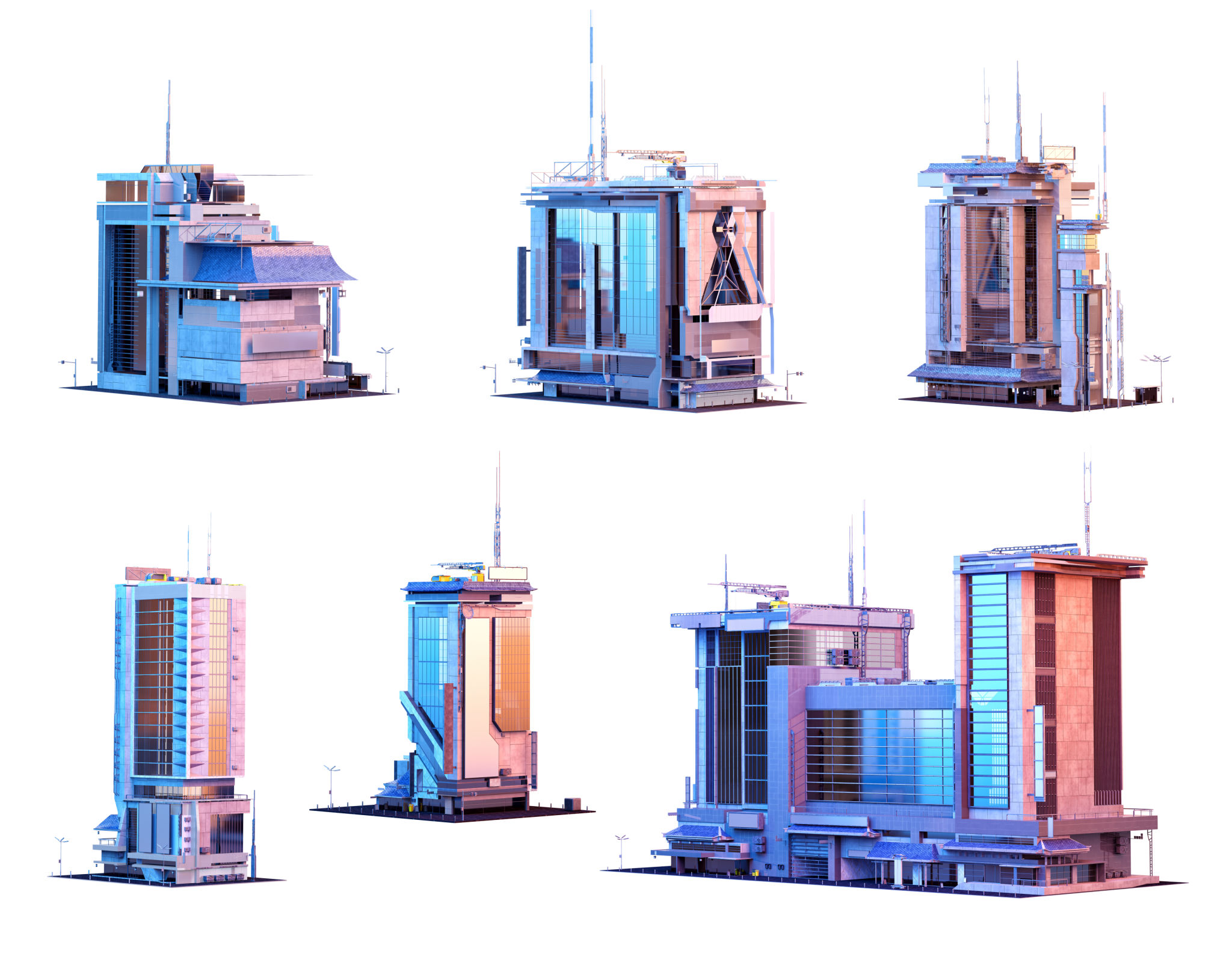 Skyscrapers, business towers, office, residential, commercial buildings 3d icons set. Futuristic city architecture, megapolis town buildings. Modern city 3D icons design elements isolated on white Skyscrapers, business towers, office, residential, commercial buildings 3d icons set. Futuristic city architecture, megapolis town buildings. Modern city 3D icons design elements isolated on white