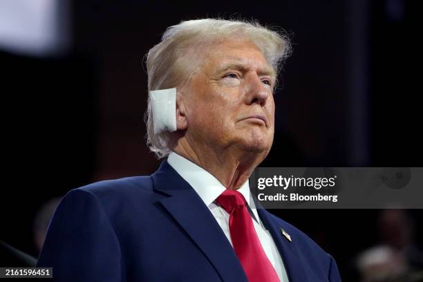 Former US President Donald Trump during the Republican National Convention at the Fiserv Forum in Milwaukee, Wisconsin, US, on Monday, July 15, 2024....
