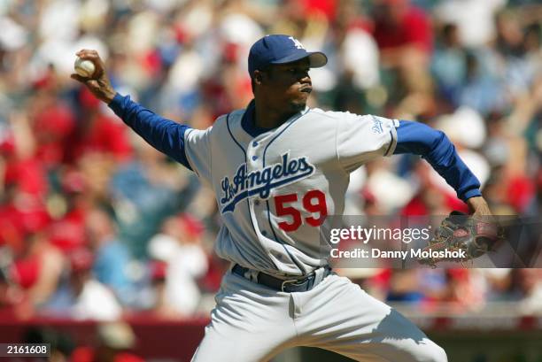 Pitcher Guillermo Mota of the Anaheim Angels delivers a pitch during interleague play against the Los Angeles Dodgers at Edison Field on June 29,...