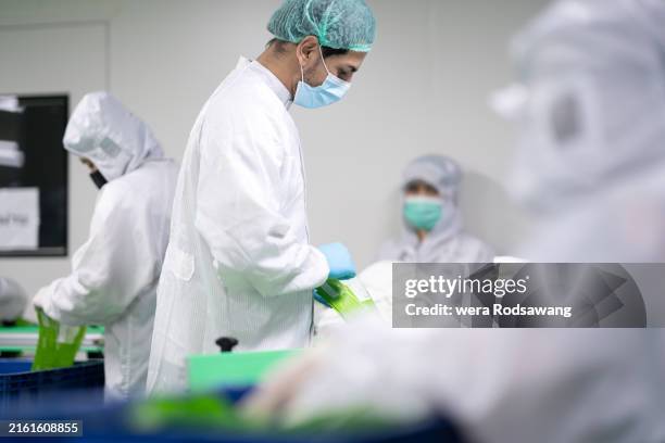 lab technician examining production processes in the cleanroom - pharmaceutical manufacturing machine stock pictures, royalty-free photos & images