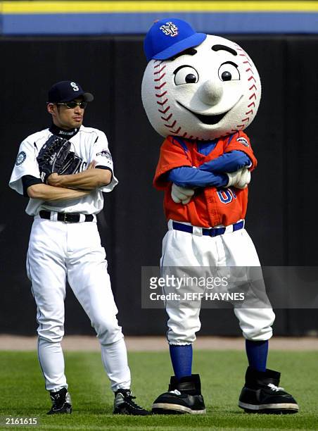 Baseball All-Stars Ichiro Suzuki of the Seattle Mariners is mimicked by the New York Mets mascot during batting practice for the 2003 Baseball...