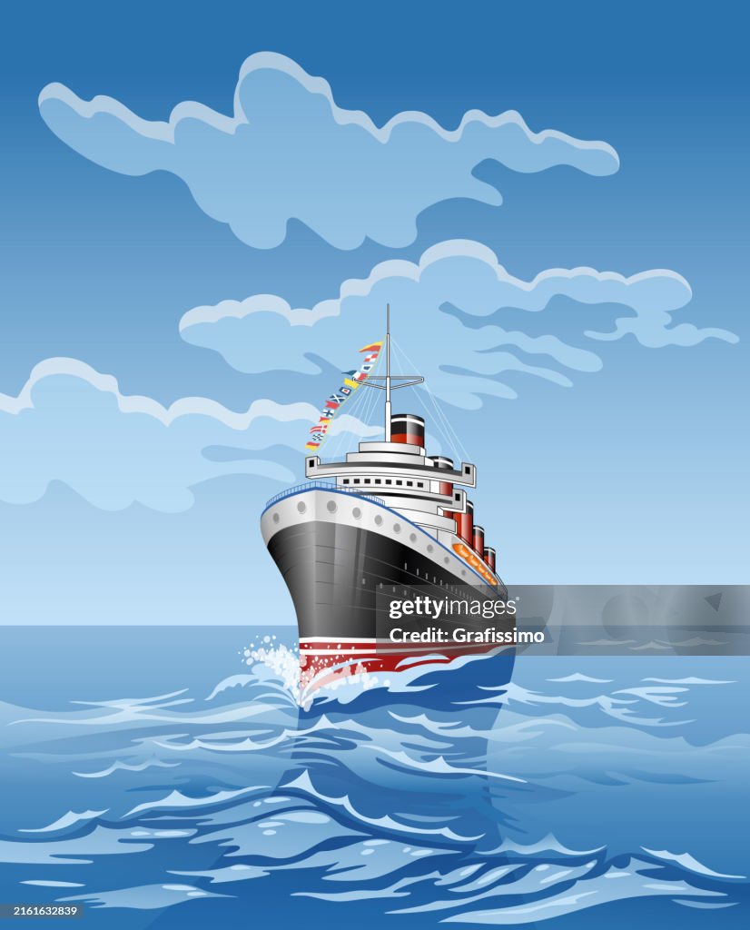 Antique Ocean Liner crossing the Atlantic Ocean flat illustration