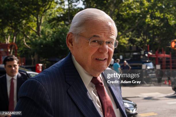 Sen. Bob Menendez arrives for his federal bribery case in Manhattan federal court on July 16, 2024 in New York City. Menendez and his wife Nadine are...