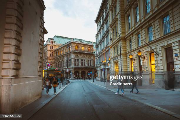 night view of illuminated kärntner straße with crowds after sunset, vienna, austria - vienna state opera stock pictures, royalty-free photos & images
