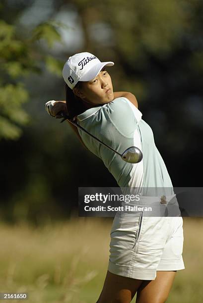 Michelle Wie hits a tee shot during practice for the US Women's Open at Pumpkin Ridge Golf Club on July 2, 2003 in North Plains, Oregon.