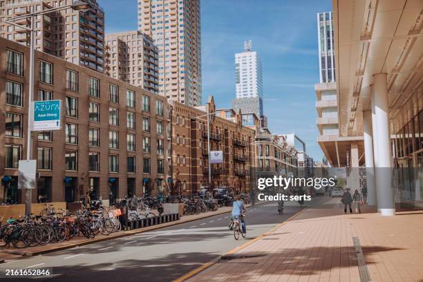 sunny summer morning at a modern district street in rotterdam city - rotterdam stock pictures, royalty-free photos & images