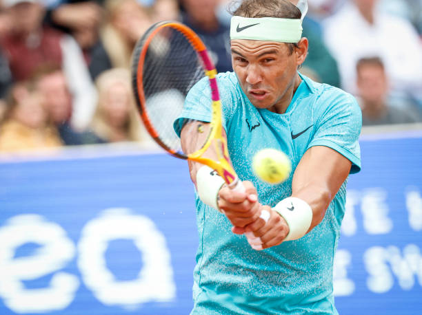 Spain's Rafael Nadal returns the ball to Sweden's Leo Borg during their men's singles match of the ATP Nordea Open tennis tournament in Bastad,...