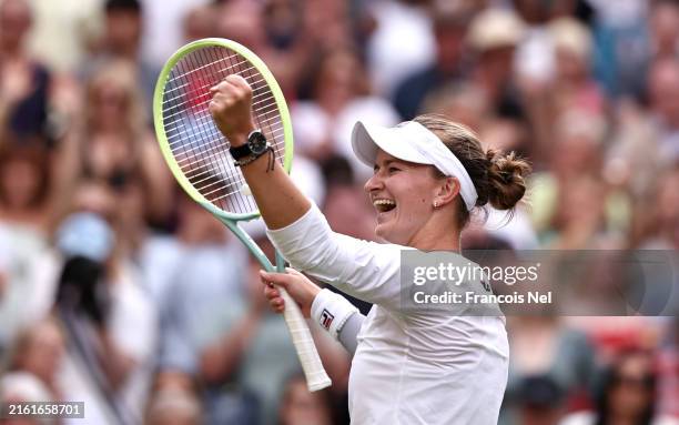 Barbora Krejcikova of Czechia celebrates winning match point against Elena Rybakina of Kazakhstan in the Ladies' Singles Semi-Final match during day...