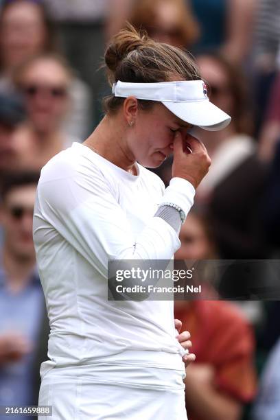 Barbora Krejcikova of Czechia appears emotional as she reflects on her relationship with Jana Novotna following victory against Elena Rybakina of...