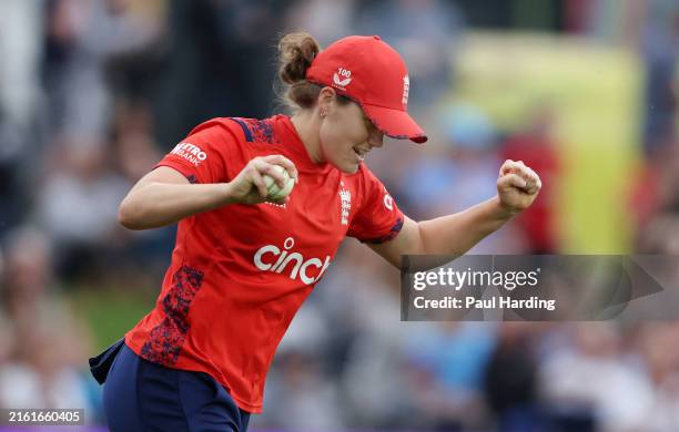 Natalie Sciver-Brunt of England celebrates catching out Brooke Halliday of New Zealand during the 3rd Women's Vitality IT20 between England and New...