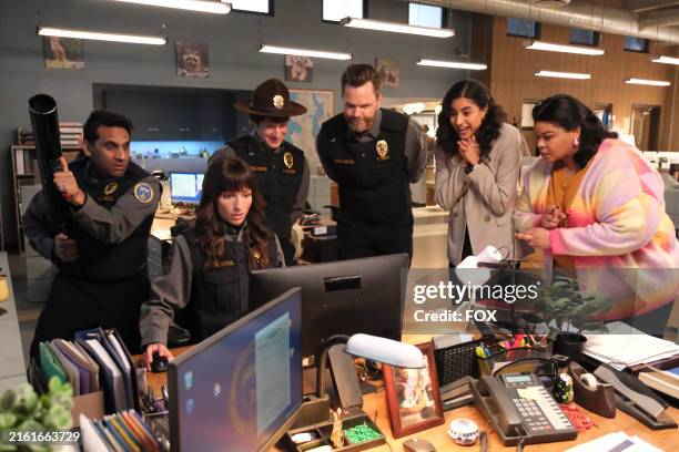 Ravi Patel, Grace Palmer, Michael Rowland, Joel McHale, Vella Lovell, and guest star Krystal Smith in the season finale episode "Pugs and Lemurs"...