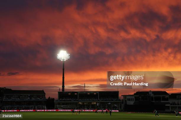 General view as the sun sets during the 3rd Women's Vitality IT20 between England and New Zealand at the Spitfire Ground on July 11, 2024 in...