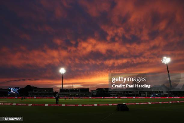 General view as the sun sets during the 3rd Women's Vitality IT20 between England and New Zealand at the Spitfire Ground on July 11, 2024 in...