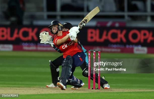 Alice Capsey of England plays a shot during the 3rd Women's Vitality IT20 between England and New Zealand at the Spitfire Ground on July 11, 2024 in...