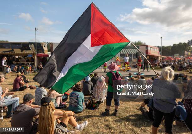 Palestinian flag is displayed during day three of Glastonbury Festival 2024 at Worthy Farm, Pilton on June 28, 2024 in Glastonbury, England. Founded...