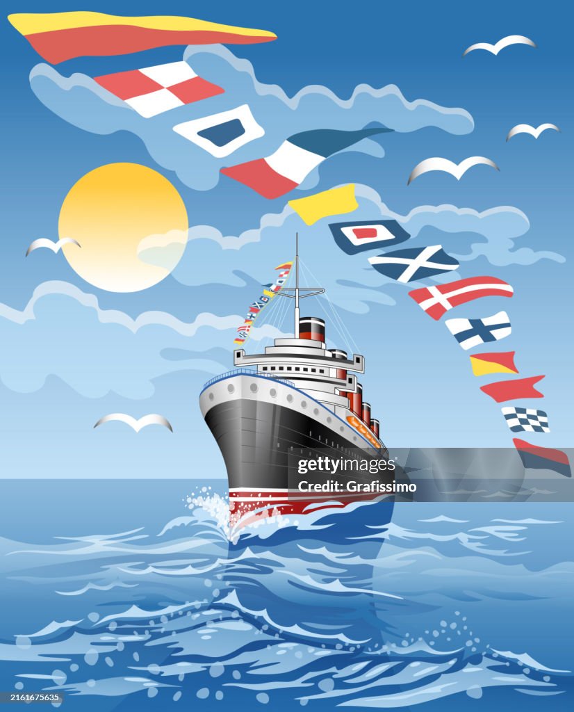 Antique Ocean Liner crossing the Atlantic Ocean flat illustration