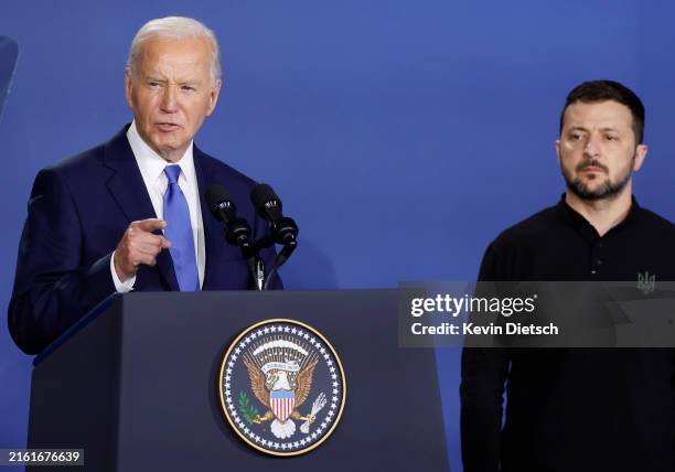 President Joe Biden and Ukraine President Volodymyr Zelenskyy participate in the launching of the Ukraine Compact at the 2024 NATO Summit on July 11,...