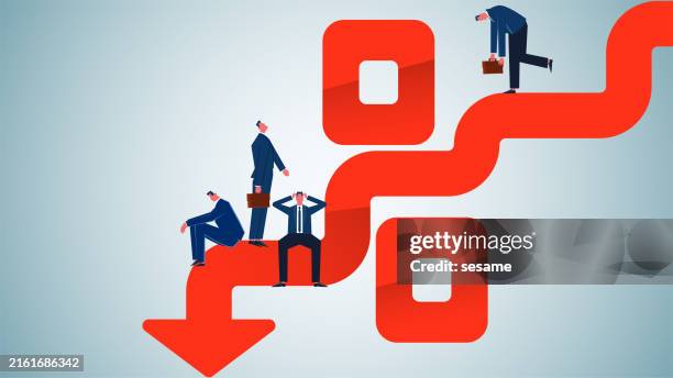 ilustrações de stock, clip art, desenhos animados e ícones de falling percentage sign, inflation, decrease in profits, decrease or loss of investment earnings, group of businessmen on falling percentage sign arrows - acidente conceito