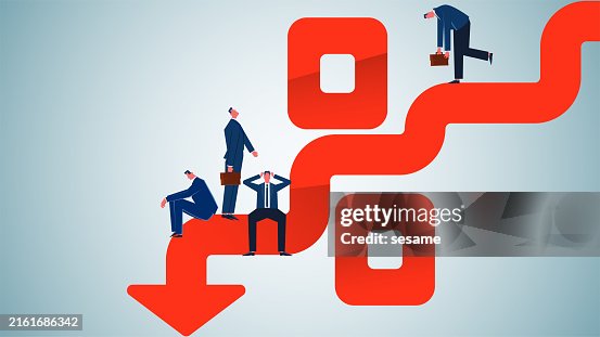 Falling percentage sign, inflation, decrease in profits, decrease or loss of investment earnings, group of businessmen on falling percentage sign arrows Falling percentage sign, inflation, decrease in profits, decrease or loss of investment earnings, group of businessmen on falling percentage sign arrows