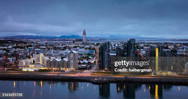 aerial view of waterfront in reykjavik, iceland - reykjavik stock pictures, royalty-free photos & images